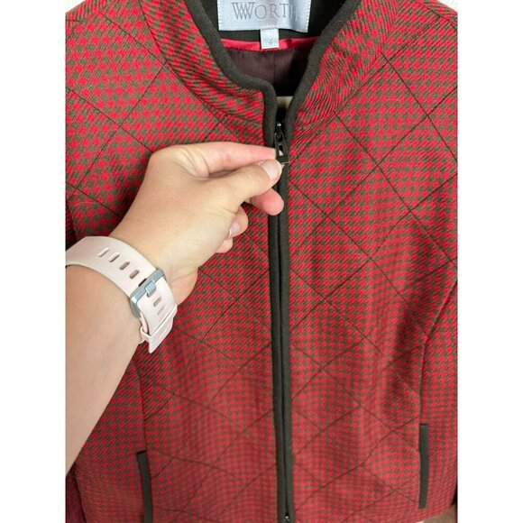Worth Women's Blazer Jacket Size 4 Wool Houndstooth Quilted Red Career Full Zip - Picture 9 of 12